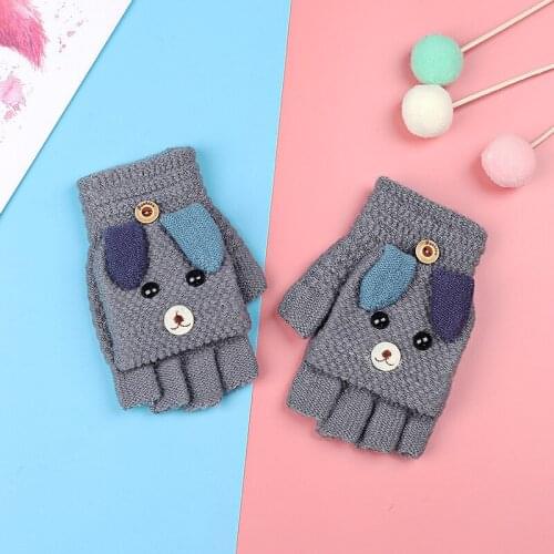 Baby Kids Winter Knitted Warm Fingerless Mittens Cute Cartoon Puppy Convertible Flip Top Gloves with Button for Boys and Girls