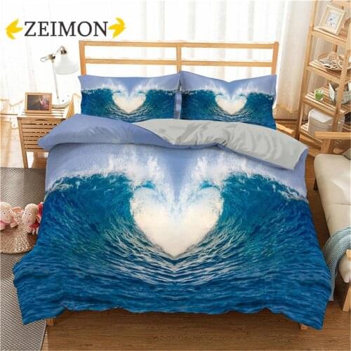 ZEIMON Ocean Wave Printed Bedding Set Heart Sunset Duvet Cover Bedspread Full Queen Twin Bed Clothes PillowCase For Adults
