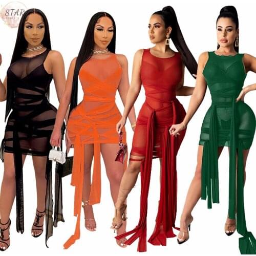 Summer Dress S-4XL Mesh See Through Bandage Sleeveless Super Stretch Sexy Party New Mini Dresses for Women Wholesale Dropshpping