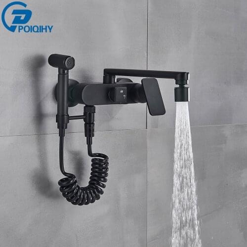 POIQIHY Wall Mounted Kitchen Faucet Brass Shower Sink Matte Black Kitchen Mixer Faucet Hot Cold Wall Tap Rotating Kitchen Tap