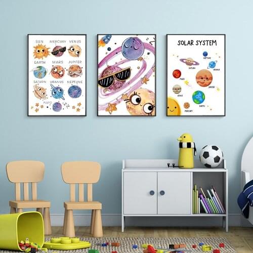 Nordic Style Pink Style Cartoon Planet Posters and Prints Simple Decortion Picture for Kid Room Canvas Painting for Living Room