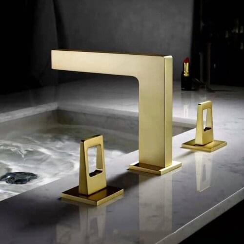 Luxury Brushed gold bathroom sink faucet brass two handle three holes basin tap cold hot water mixer top quality faucet