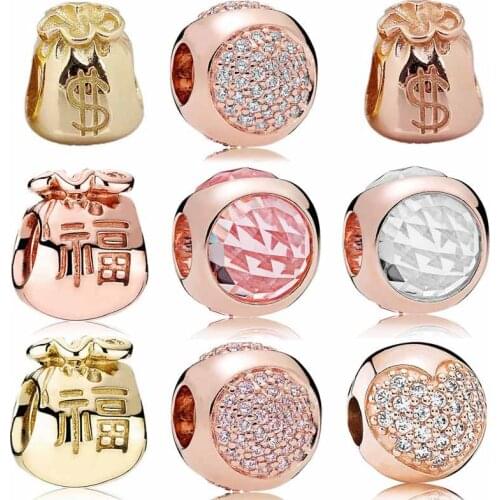 Rose Gold Dollar Sign Prosperity Moneybag Radiant Droplet Love Heart 925 Sterling Silver Beads Fit Europe Bracelet DIY Jewelry