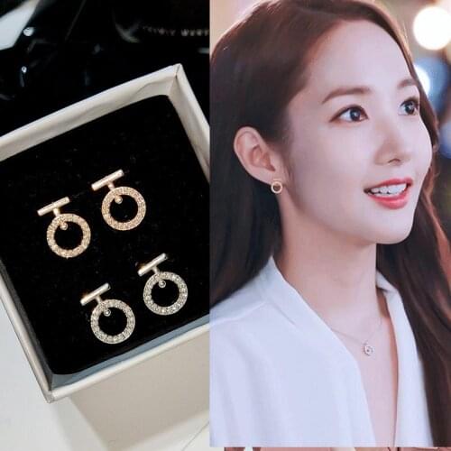 2019 New Korean Trendy Rhinestone Circle Earrings For Women Hollow Jewelry Accessories Girls Stud Earings Boucle D'oreille