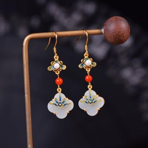 Natural 925 sterling silver inlaid hetian jade four leaf clover simple retro earrings jewelry individuality for woman earings