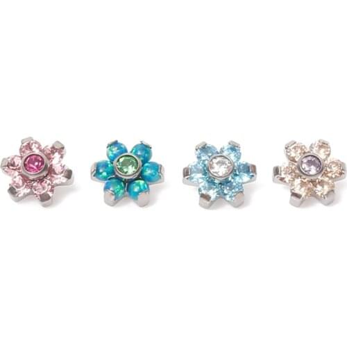Titanium Internally Threaded Bezel Set Flower Dermal Anchor Tops Piercing