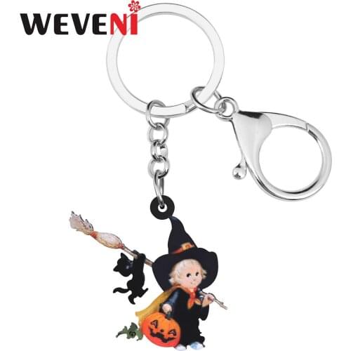 WEVENI Acrylic Halloween Pumpkin Head Magic Witch Keychains Print Long Broom Keyring Jewelry For Women Teen Girls Fashion Gift
