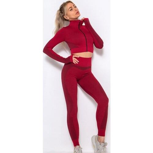 Women Yoga Sets Suit Seamless Gym Fitness Workout European And American Popular Zipper Collar Hip Lifting Elastic