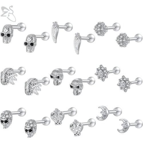 ZS Tiny CZ Crystal Stud Earrings For Women Cute Flower Skull Moon Design Ear Helix Cartilage Piercings Stainless Steel Ear Studs