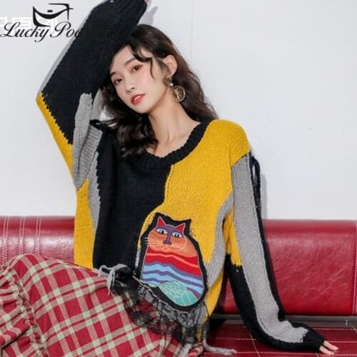 Female Autumn Fashion New Loose O-Neck Hit Color Pullovers Women Patchwork Cartoon Streetwear Long Sleeve Sweater Top QL237