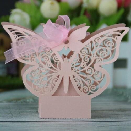 20PCS Butterfly Laser Cut Hollow Carriage Favors Dragee Gifts Box Candy Boxes with Ribbon Baby Shower Wedding Party Supplies