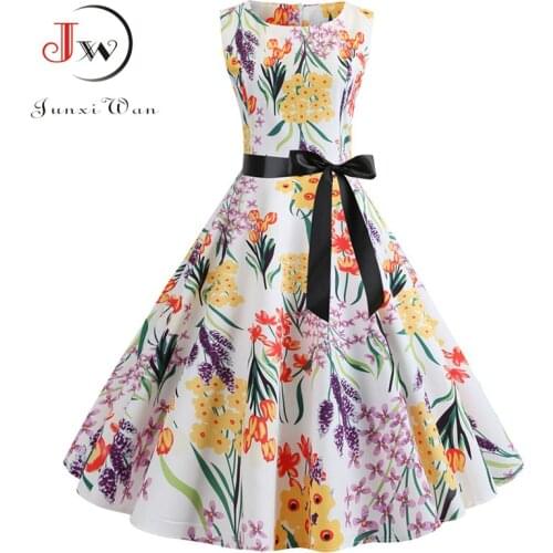 White Floral Print 2021 Women Summer Sleeveless Elegant Vintage Party with Belt 50s 60s Robe Femme Casual Midi Dress