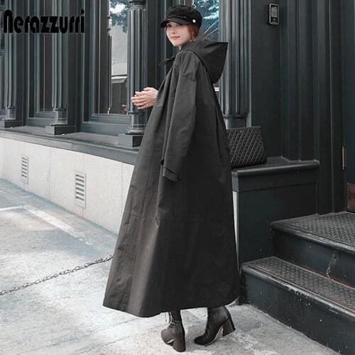 Nerazzurri Autumn Long Black Waterproof Raincoat for Women with Hood Long Sleeve Spring Loose Designer Korean Style Fashion 2021