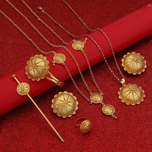 Ethiopian Jewelry Sets Pendant Necklaces Earrings Ring Bangles for Womens Gold Color Eritrean African Bride Gift
