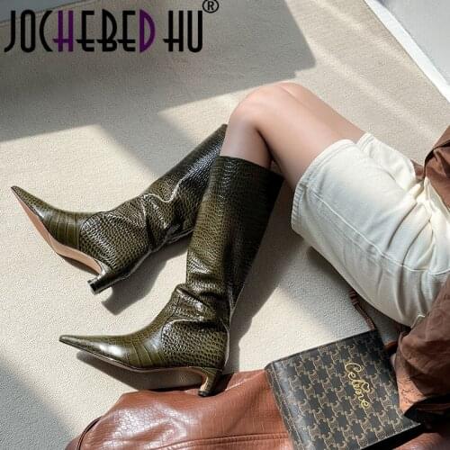 【JOCHEBED HU】Women Shoes Boots Knee High Fashion Med Heel Square Toe Boots Thick Heel Ladies Long Boots 2021 Autumn Green Black