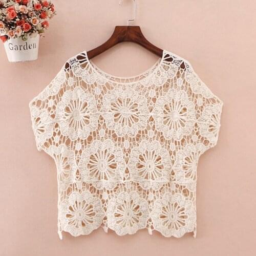 Lace Hollow Out Women T-shirts 2021 Summer New O-neck Short-sleeved Loose Short High Waist Lady Elegant Pulls Outwear Tops