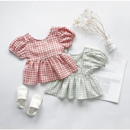 Summer Children clothes baby Girls fashion top Round Collar Plaid Print Short Sleeved T-Shirt Off Shoulder Princess party dress