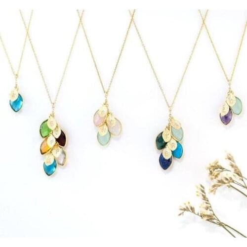 Customize initials leaf bridesmaid mother birthStones necklace, customize wedding Grandma birthday necklaces jewelry gifts