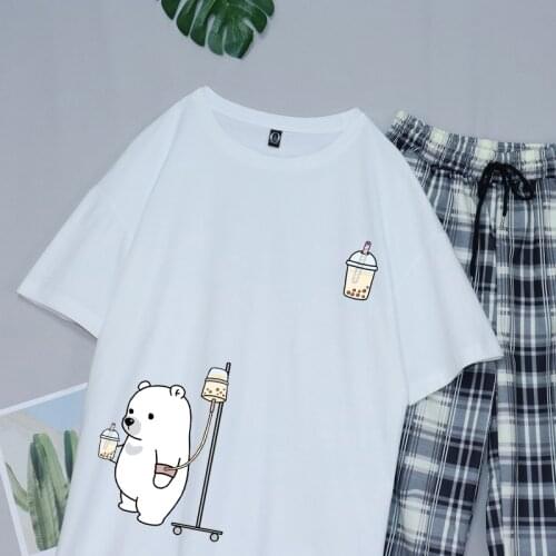 Bear Home Suit Women Summer Pajamas Women Big Size Plaid Pants Set Ensemble Femme 2 Pieces Korean Nightgown Kawaii Print Clothes