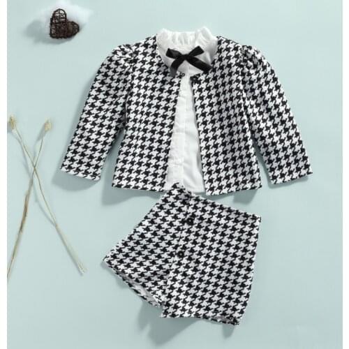Girls Casual Three-piece Clothes Set, Black Houndstooth Printed Pattern Cardigan, Shorts and Shirt Spring Autumn