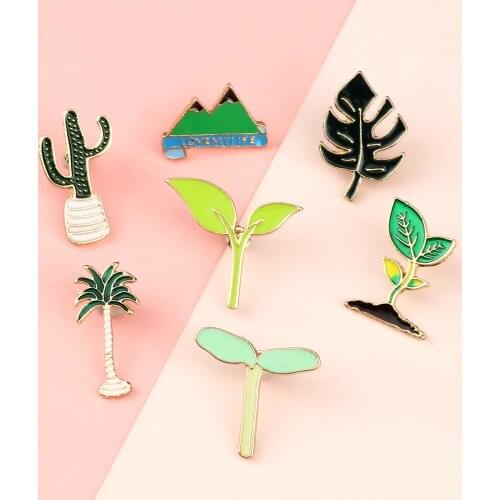 Simple Green Plant Enamel Brooch Coconut Tree Leaves Cactus Cartoon Button Denim Jacket Pins Metal Badge Gift Jewelry for Friend