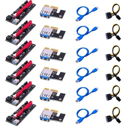 6pcs PCI-E pcie Riser 009 Express 1X to 16x Extender PCI E USB Riser 009S Dual 6Pin Adapter Card SATA 15pin for BTC Miner