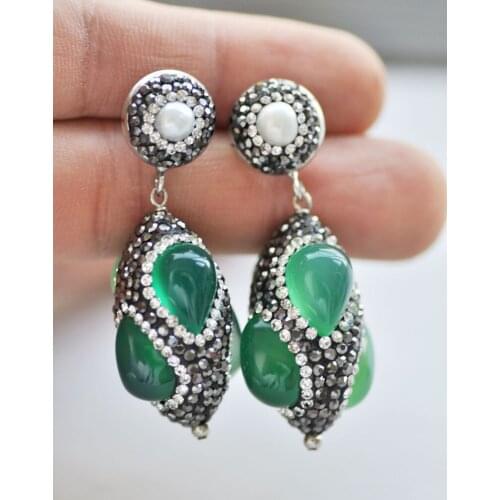 S2462 35mm Green Jasper Shuttle CZ Dangle Earring