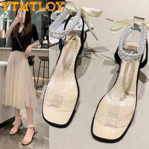 Sandals Female Summer 2021 New Wild Mid-heel Transparent Pearl Strap Bow Open-toed Crystal Thick Heel Fairy Style