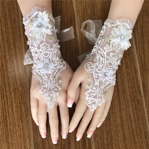 Bride wedding white gloves diamond hollow etiquette gloves embroidered lace gloves