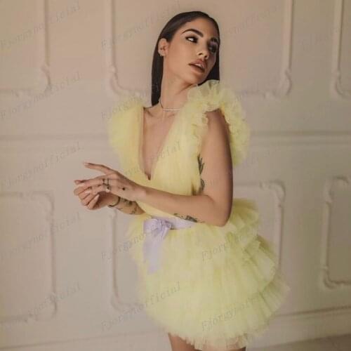 Light Yellow Short Puffy Tulle Women Dresses To Birthday Party Sexy V-Neck Ruffles Tulle Party Dresses Summer Vestidos