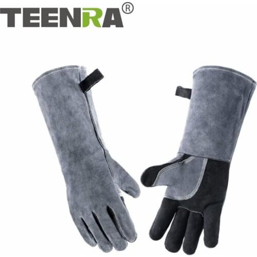 TEENRA 1 Pair Heat Resistant BBQ Gloves Leather Welding Gloves Oven Kitchen Cooking Gloves Insulation Safety BBQ Tools