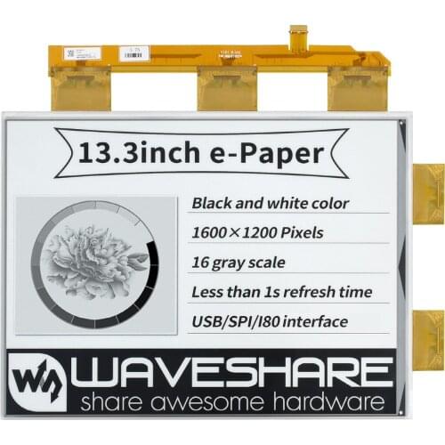 13.3inch E-Paper E-Ink Display HAT For Raspberry Pi, 1600×1200 Pixels, Black / White, 2-16 Grey Scales, USB/SPI/I80