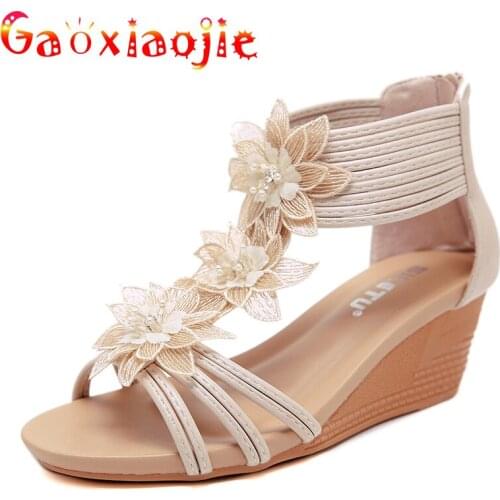 Sandals Women 2021 Summer Fashion Flower wedge Zipper Large Size slippers women Soft Comfortable Non-slip Roman Sandals Female