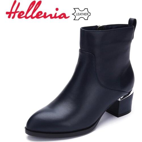 Hellenia Women Ankle Boots Soft Leather Thick Heel New Autumn Spring Velvet Lining Pointed toe Casual shoes Flashion woman shoe