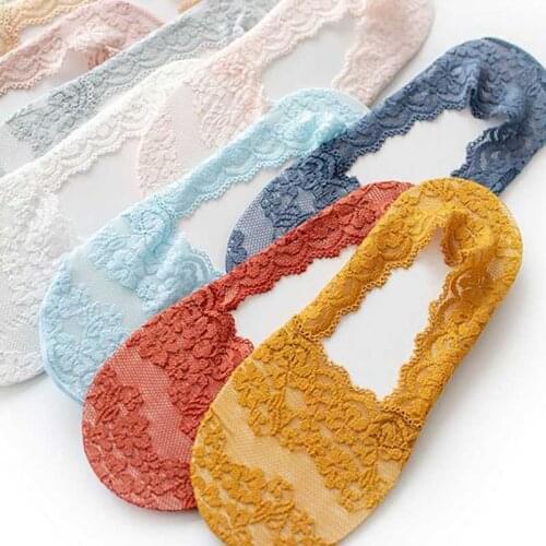 Women Lace Slipper Ankle Socks Invisible Seamless Girls Low Cut Boat cotton Thick Silicone shallow Socks