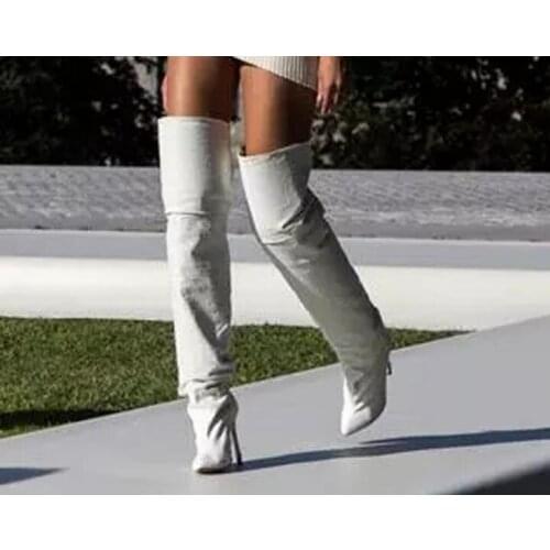 Summer 2019 Lady Solid White Leather Thigh High Boots Women over knee Boots High Heel Gladiator Boots Female Zipper Dress Shoes