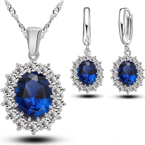 Bridal Wedding Jewelry Sets Women Crystal 925 Sterling Silver Blue Cubic Zircon Engagment Earrings Pendant Necklace Set