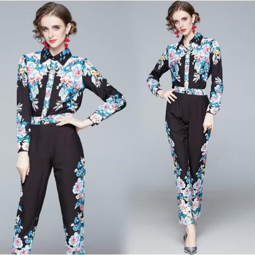 Spring Summer Fall Runway 2 Piece Womens Ladies Sets Retro Vintage Print Collar Long Sleeve Top Shirt Blouse Pant Suits Outfits