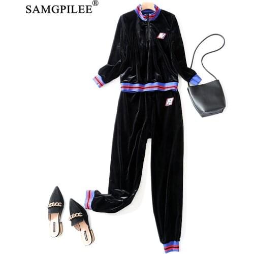 2 Piece Sets Womens Outfits Full Sleeve Casual Zipper Stand Collar Elastic Waist Full Length Striped Two Piece Set Top And Pants
