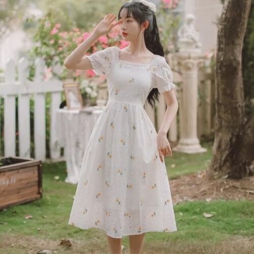 Sweet Gentle Fairy Dress Women Summer 2021 Short Sleeve Flower Embroidery Hollow Chic Ruffle Square Collar Gentle Retro Vestido