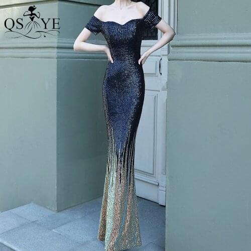 Navy Mermaid Long Prom Dress 2021 Elastic Fade Evening Gown Off Shoulder Formal Gown Short Sleeves Girl Blue Party Dresses