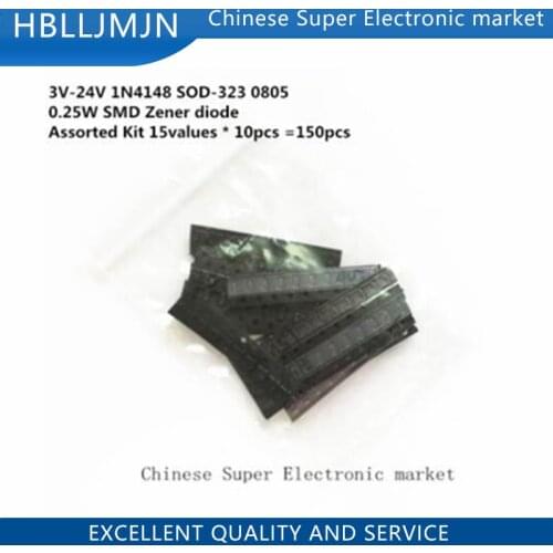 3V-24V 1N4148 SOD-323 0805 0.25W SMD Zener diode Assorted Kit 15values * 10pcs =150pcs 1/4W Diode Set