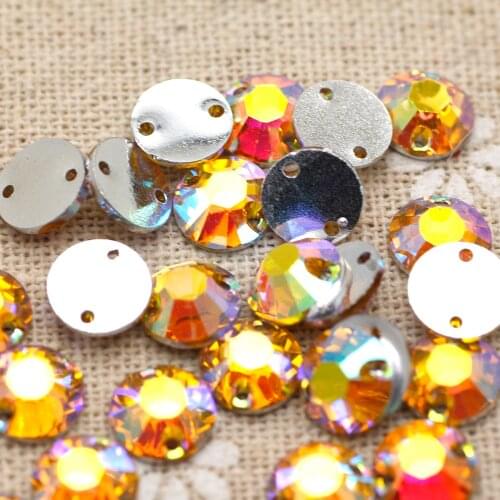 8mm 50pcs Gold Yellow AB Sew on Rhinestones Round Shape with 2 holes Rhinestone Crystal Shine DIY party Dress Clothing