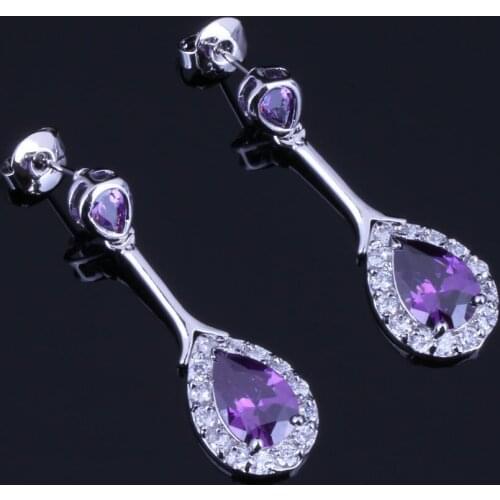 Gleaming Water Drop Purple Cubic Zirconia White CZ Silver Plated Drop Dangle Earrings V0722