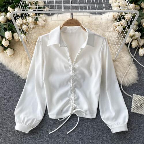 SINGREINY Women Elegant French Blouse Long Sleeve Turndown-Collar Drawstring Slim Tops Autumn Fashion Streetwear Short Blouses