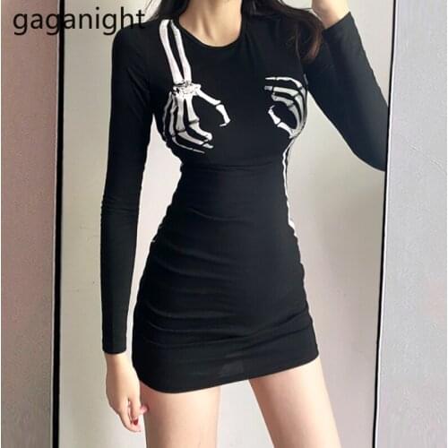 Gaganight O Neck Long Sleeve Skinny Mini Dress Women Black Skull Hand Punk Streetwear Women Sexy Bodycon Party Dresses Clubwear