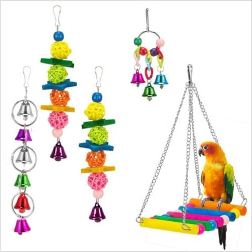 Pet Bird Parrot Toys with Hanging Bells Chain and Bells Ringand Wood Swing Toy and Ball toys Total 5 pcs a set BT052