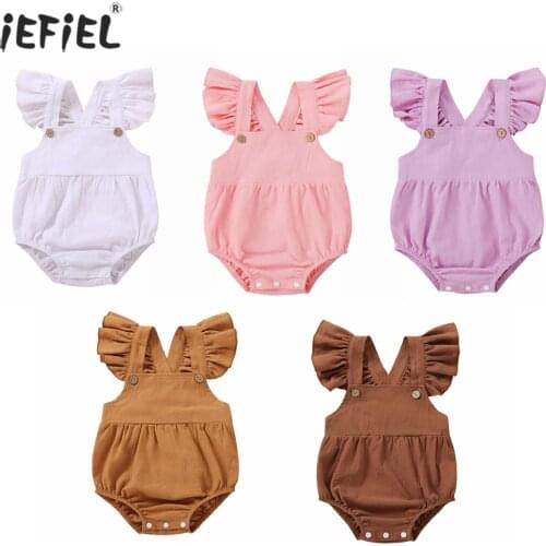 Newborn Baby Girls Ruffled Romper Cotton Flutter Sleeve Bodysuit Summer Button Jumpsuit Sleeveless Backless Outfits Clothes