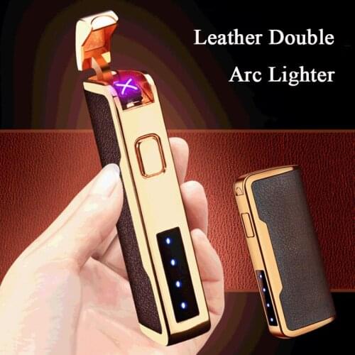 Leather Electric Double Arc Lighter Windproof USB Charging Flameless Plasma Rechargeable Lighters Smoking Accessories