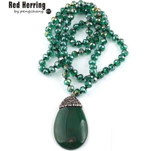 Fashion Bohemian Tribal Jewelry Green Long Crystal Glass Knotted Green Stone Pendant Necklaces